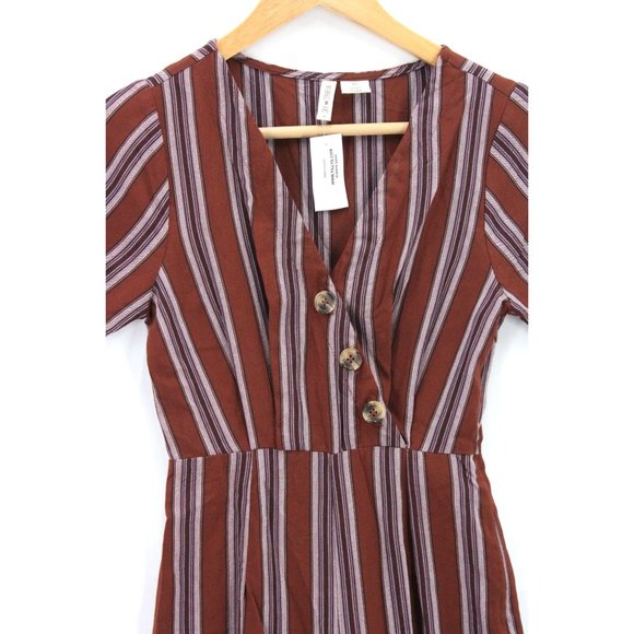 SKY AND SPARROW Jumpsuit Womens Red Striped Button Front Rust Short Sleeve XS NW - Picture 4 of 11